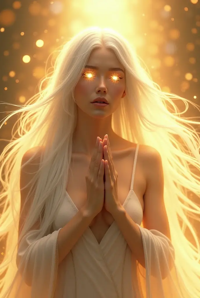 A gorgeous goddess praying as her long shiny white hair flys up and her ethereal golden aura filling the space in the background, only her head and shoulders can be seen in the picture, her eyes and pupils being open and shining white light