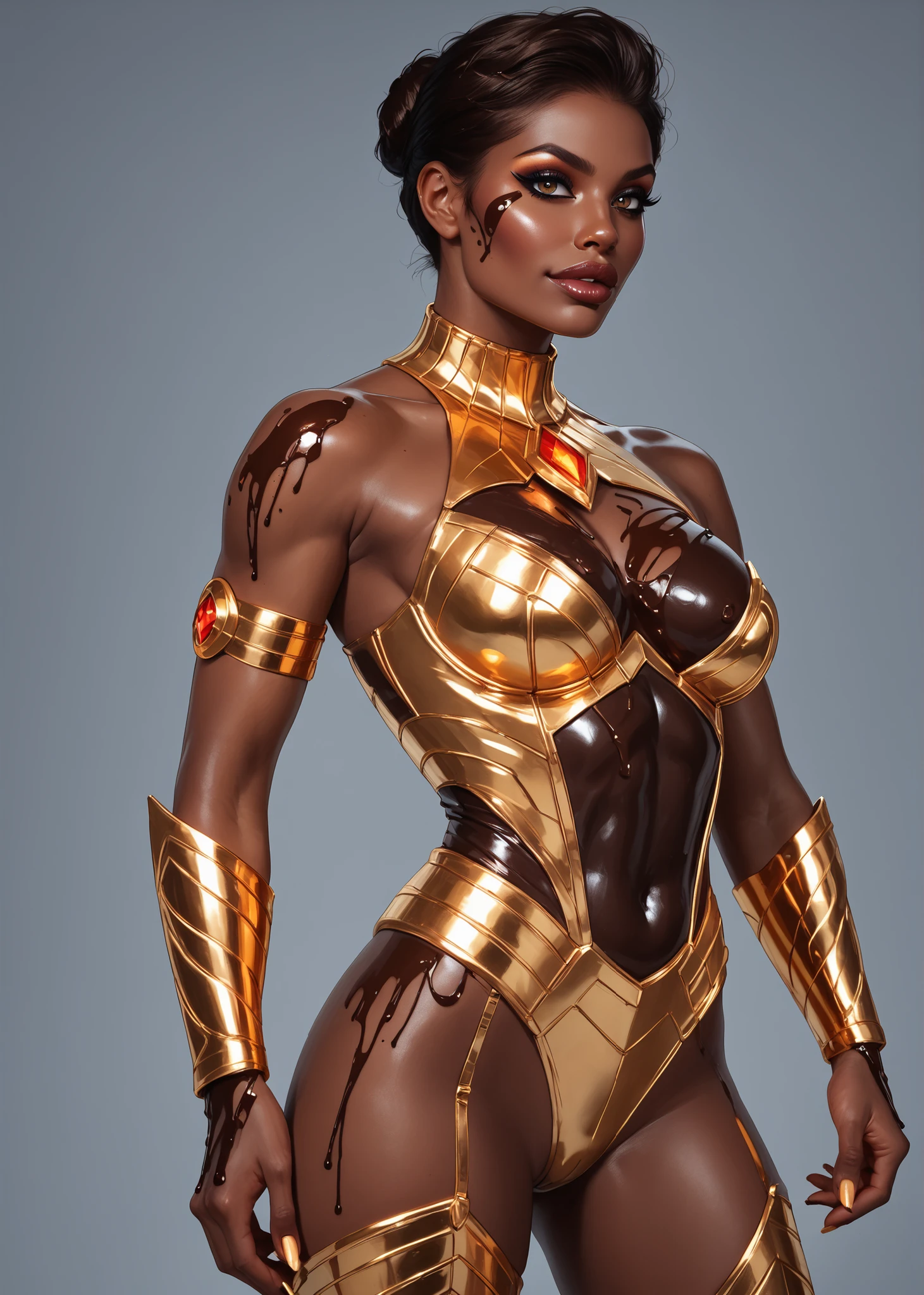 ((best quality: 1.5)) ((masterpiece: 0.8)), intricate details, sharp focus, professional, photorealistic, real life, realistic representation of the face, ((((solo, 1girl) athletic assassin, (suntanned, dark skin, mysterious expression, black lipstick, (mechanical arm, cyborg))))), bright glow, dynamic pose, gorgeous perfect face, in the style of realistic and hyper detailed renderings, zbrush, hyper realistic oil, contoured shading, dark room, dark background, black background, solo, BREAK; BREAK ((((smirking, ((dark eye makeup, (wide-eyed))), wavy dark hair)))), (freckles: 0.9), ((fujicolor)), BREAK; BREAK ((((futuristic (gold matte black armor), (underboob, pretty vagina)), photorealistic, hyper-realistic))) BREAK; BREAK (((breast size: 0.7)))