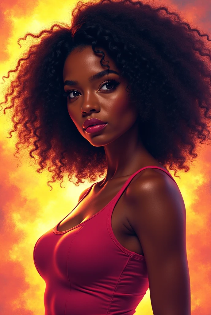 "Image Type: Digital Illustration\n\nDescription: A beautiful black woman with strong and delicate features. Her deep brown eyes are the highlight, reflecting mystery and intensity. Her eyelashes are long, further enhancing the striking look. Her lips are full and delicate, with light tones that contrast with her skin. Her hair is large, in a revolting style, with a brownish hue. Her bust is plentiful and well defined, conveying confidence and beauty. The scene depicts a smoky environment, with embers floating in the air next to the smoke, creating an enigmatic and seductive atmosphere." "art_styles": "surrealism, realism", "art_inspirations": "Ernie Barnes, Kerry James Marshall," "camera": "N/A", "shot": "close-up", "render_related_information": "Use vibrant, contrasting colors to highlight a woman's beauty and create a powerful visual impact. The details of the facial features must be accurately portrayed, capturing the expressiveness and personality of the character. The smoke and embers should be represented in detail, with realistic textures and shades. The lighting should be soft and diffuse, creating an engaging and mysterious mood. The final image should convey the strength, beauty and mystery of this stunning black woman." --auto