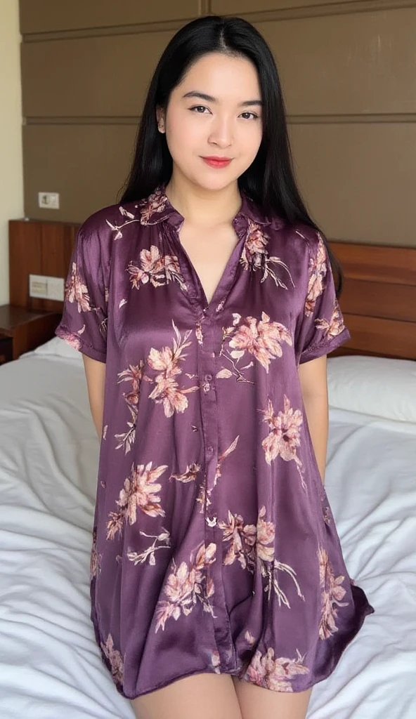 A lovely busty malaysian woman barely covering herself in a komono. she is teasing the viewer