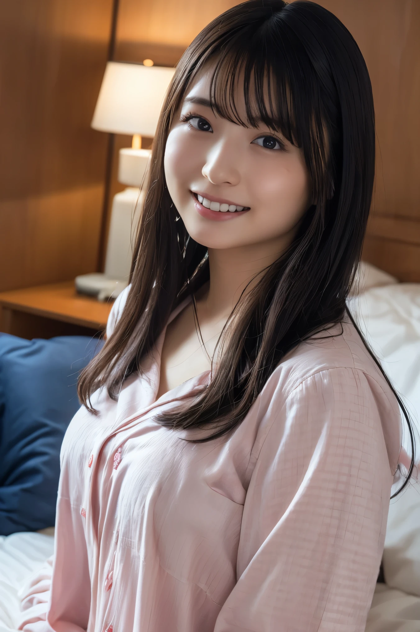 (8k, RAW photo, best quality, masterpiece: 1.2), (realistic: 1.6), (masterpiece), (best quality: 1.0), (highest quality: 1.0), (ultra hi-res: 1.0), detail, 40s, one, detail beautiful skin, detail room, ,realistic skin, middle breast, best quality, ultra high definition, cute, long hair, smile, , white shirt, , sitting on bed,