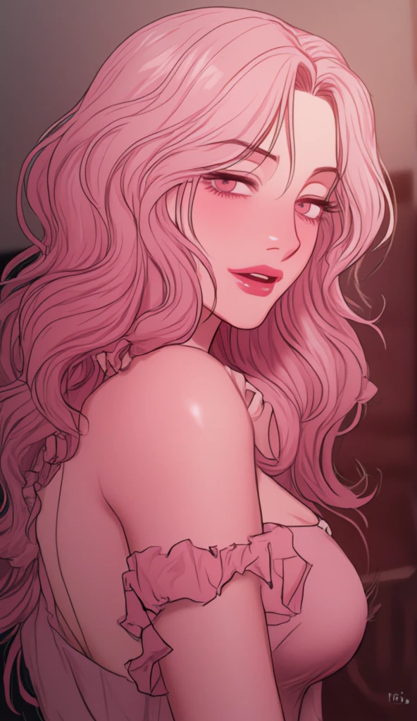 Sexy woman, eyes closed, mouth open, very deep blush, tip of the nose is red, long neck, off shoulder pink sweater, medium chest, visible cleavage, bedroom, warm lighting ,in bed