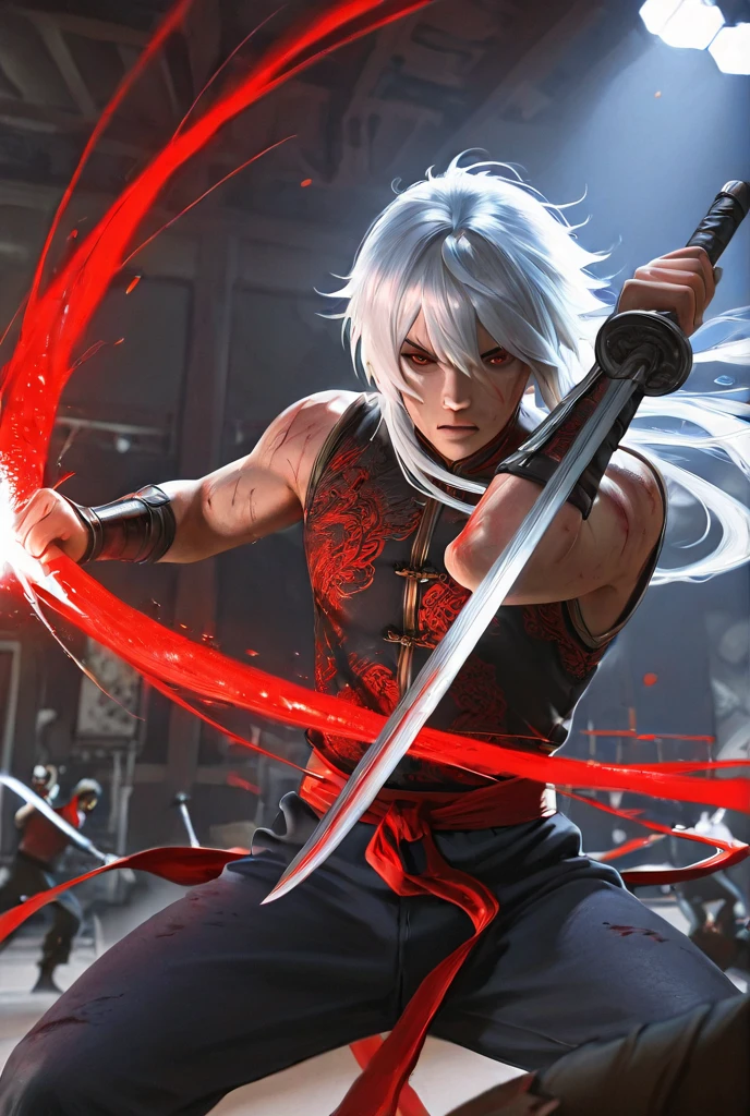 One Guy with white hair, wearing ninja outfit, red eyes, one eye is damaged, using huge axe, attacking, huge muscles, scars on the body, electric effects around the character,