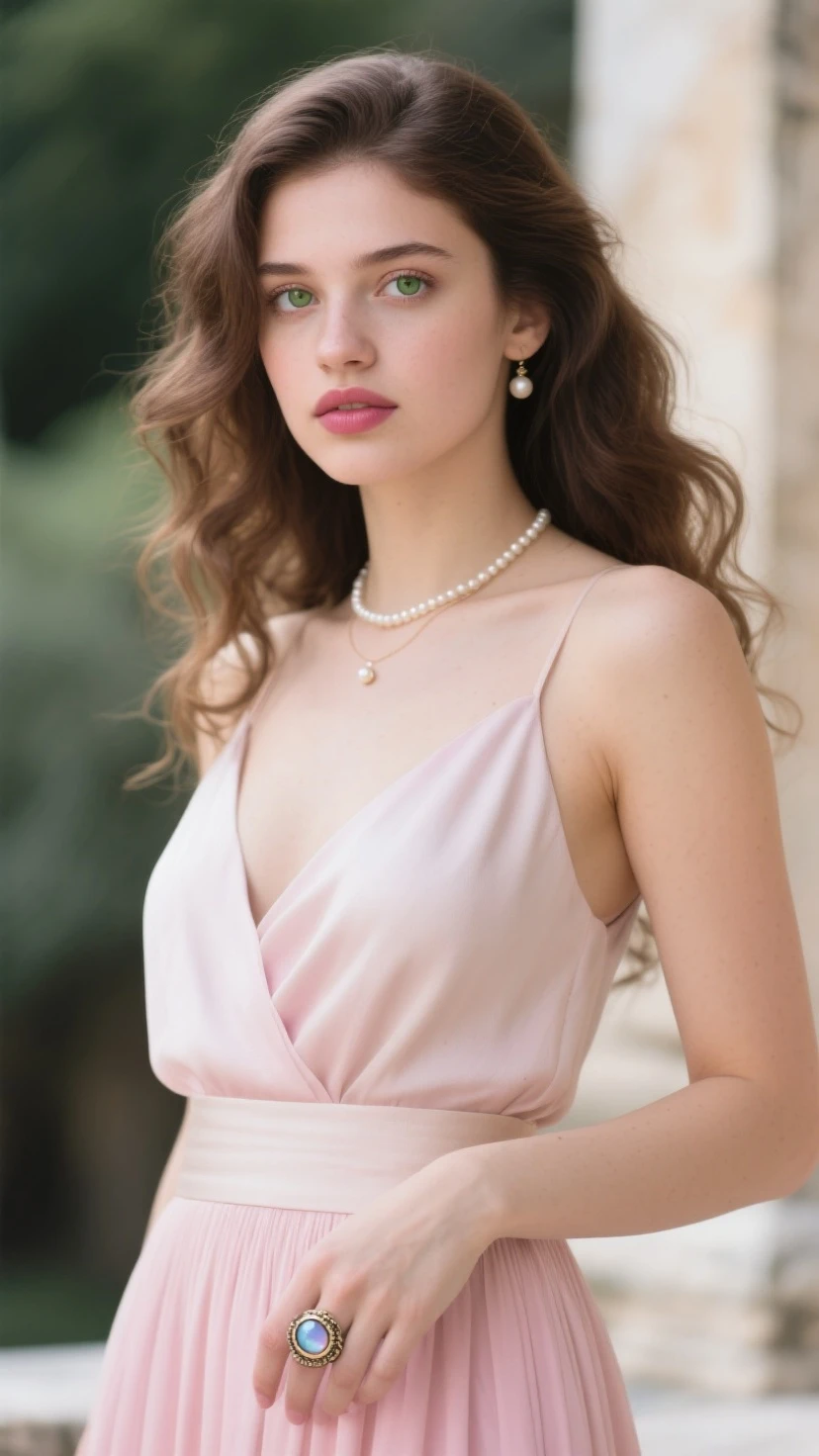 Masterpiece of allure, (16-year-old:1.2), mary elizabeth winstead, (freckles on cheeks:1.2), (small breasts), (wearing an off-the-shoulder elegant pink silk dress),necklace and earrings, revealed in a sensual moment, photorealistic, full body, ballroom by marble stairs, a captivating smile lingers at the corner of her lips, ultra-high-resolution, film stock photography, F2.8 lenses, vibrant colors, realistic, under the clear, sun-kissed sky, by a renowned artist.