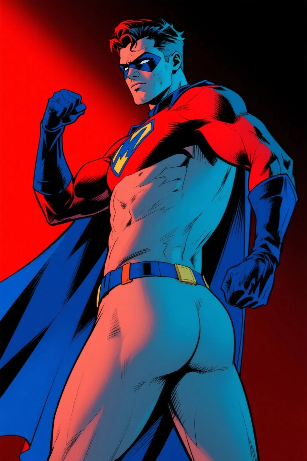 young handsome muscle nightwing, short haircut:1.5, heavy shiny armor, really shiny gradient dark metallic:1.5, small brown pink gradient penis:1.5 with glans and heavy testicles, arrogant rough face