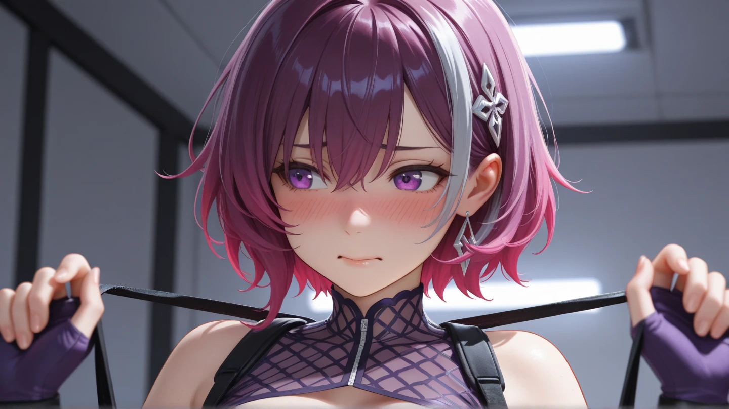 (masterpiece, best quality), intricate details, 1girl, nyatasha nyanners, virtual youtuber, animal ears, cat ears, pink hair, smile, purple eyes, looking at viewer, cat girl, bangs, solo, animal ear fluff, hair between eyes, bow, fang, short hair, skin fang, cat tail, eyelashes, x01powerarmor, no helmet,