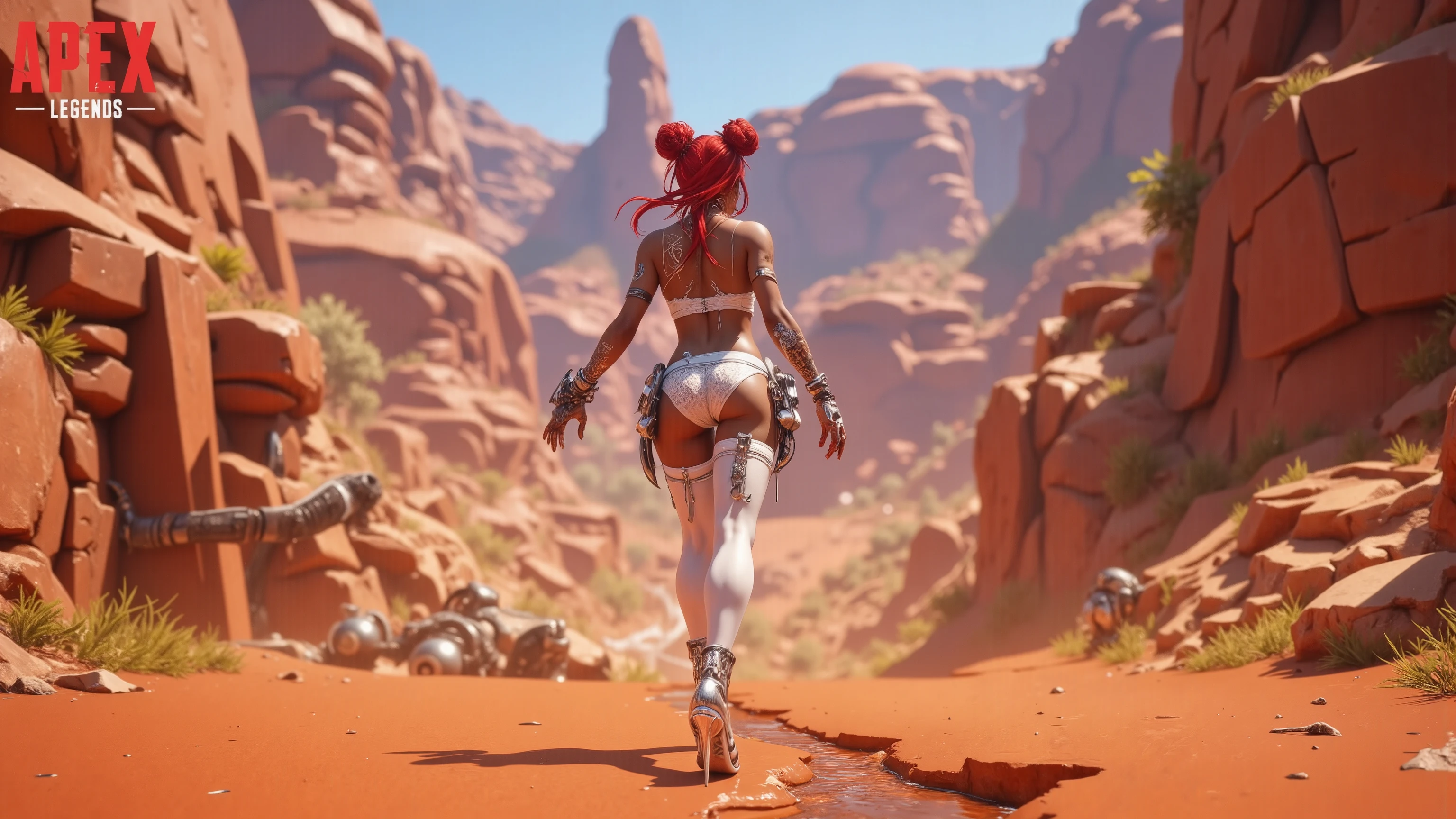 A cute woman (jet boots, jet pack, space adventurer bikini, laser pistol, future hairdo), is exploring an alien world covered in mushrooms and tiny goblin like creaures