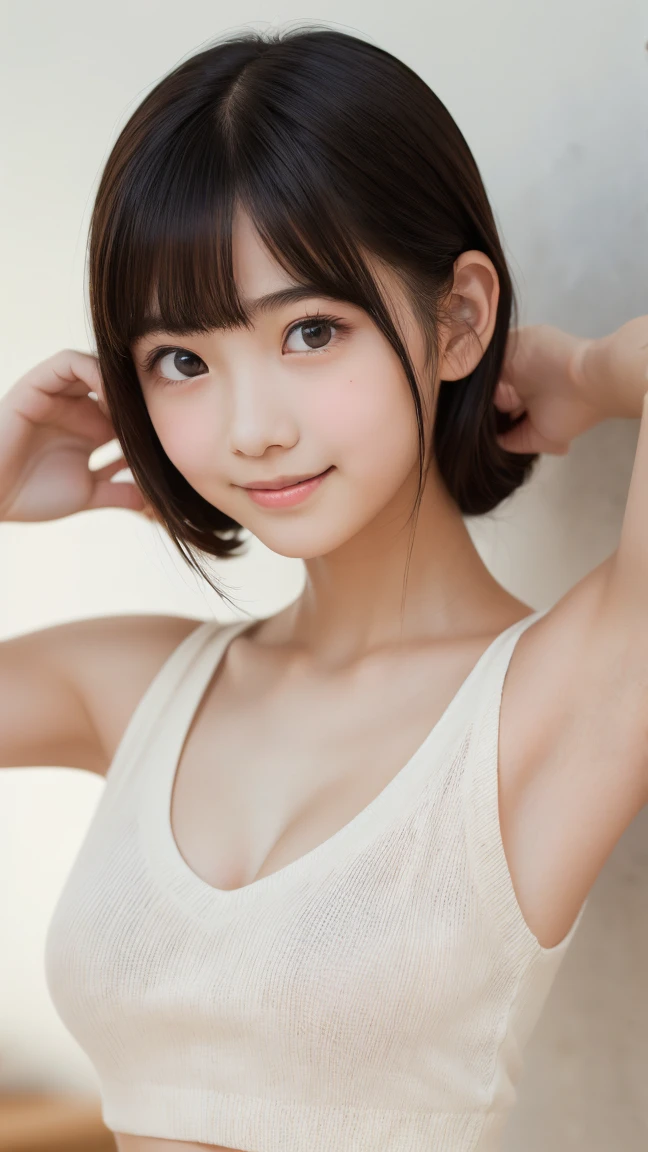 (Best image quality)、Ultra-Realistic Capture、19-year-old Japanese woman、Natural Eyes、cute、bob hair、With bangs、Show your armpits、Sleeveless dress、White Background、Natural light、Shiny skin、Orange Makeup