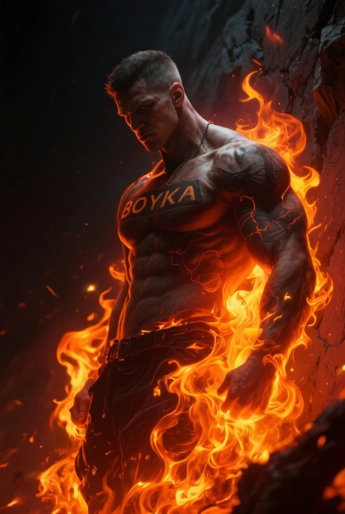 A strong, muscular man with short, black undercut hair and freckles stands confidently in a dramatic river of molten magma. He is shirtless, showcasing his well-defined torso and arms, covered in intricate red tattoos resembling flames and embers that extend across his entire chest and back. He wears form-fitting black pants with red flame patterns. In a seductive pose, he leans slightly to one side, his chest and abs prominently displayed as he gazes intensely with a smoldering look. His body is partially enveloped in flickering flames, adding to the allure of his presence. His posture is relaxed yet commanding, with one hand resting casually on his hip and the other extended with a suggestive gesture, as if inviting. The background is a dramatic, molten landscape with vivid orange and red hues. The scene is rendered in a photorealistic, hyper-realistic 8k style, with intense colors, vibrant HDR, and dramatic chiaroscuro lighting that highlights his powerful physique and the seductive energy of the flames.