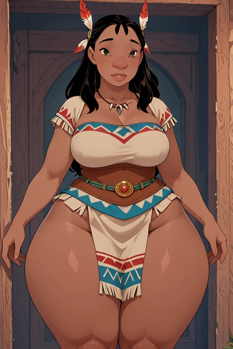 Nastasya, the perfect body, a 1girl, solo, hairlong, looking a viewer, Cyan eyes, hair light, ornaments, closed mouth, braid, earings, single braid, big breastes, makeup, lipstick, freckles, red-lips, a 1girl, serious, clavicle, the perfect body, pelvic curtain, hetero, Milf, looking a viewer, standingn, bellybutton, solo, Solo Focus, woods, tribal, garden, green colored eyes, brown-hair, (dark skin), (dark skinned woman), Wavy Hair,  Tribal clothing, Amazonian, Chubby, wide thighs, Light, Virgin, Perfect, [by Oliver Wetter|( Kodak Portra:0.08)| (leibovitz:0.6)], Soggy, intrikate, High Quality, mamiya, exposure blend