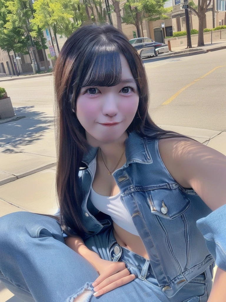 ((Midnight, Acura, 8K, Masterpiece:1.3)), Full body, Long legs, Focal length: 1.2, Perfect Body Beauty: 1.4, Slim Abs: 1.1, ((Dark Brown Hair, Big Breasts: 1.2 )), (White Skinny T-shirt, Denim Biggies, Standing: 1.2), ((City Night View, Roof: 1.3)), Highly detailed face and skin texture, Fine eyes, Double eyelids, Black hair, hair bobbles, Wince, longeyelashes, solid circle eyes, fake animal ears, light smile, ear blush, fang, Surrealism, drop shadow, anaglyph, stereogram, tachi-e, pov, atmospheric perspective, wide shot, panorama, 8k, super detail, ccurate, best quality