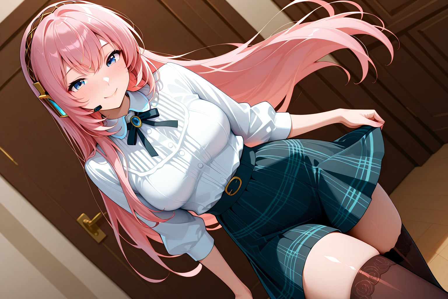Simori,Naughty big、large full breasts、 Short skirt, Standing, Beautiful eyes, Blue eyes, Happy, School uniform, 独奏、A smile,(white panties:1.3)、(Fully exposed panties:1.5)、Sit with your knees bent、beauty legs 、As if looking up from below、(knees to chest),