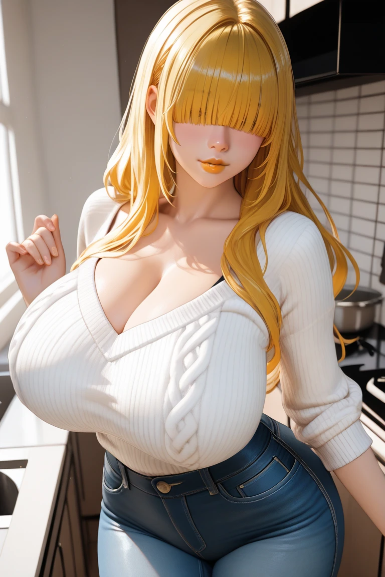 , 1 (Cute girl), ((messy, long, wavy yellow hair, moles, hair over one eye)))), red eyes, double eyelids, light effect on eyes, wide hips, red long sleeve top , black skinny short shorts, mischievous smile, ((sexy body))olo, best quality, masterpiece, portrait, flirting with viewer, sensual pose, detailed, perfect anatomy, detailed art, high definition, 4k, high resolution , cafeteria