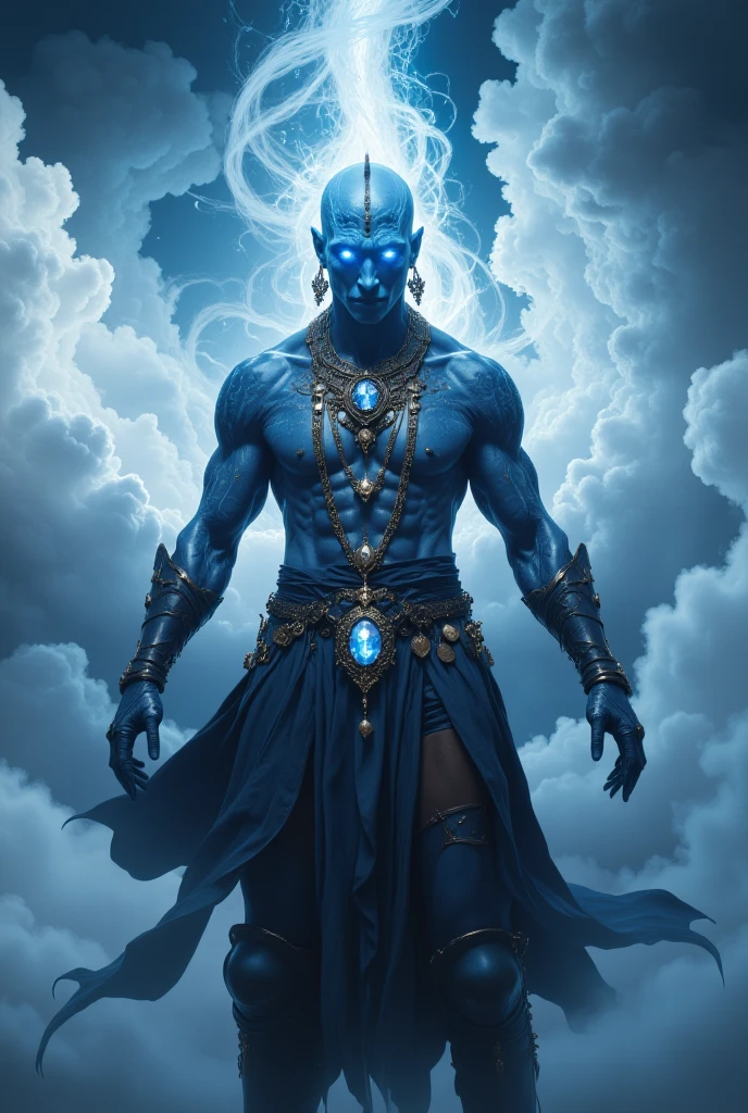 Sri Krishna wearing blue cyborg costume standing on the top of tall building and looking towards the city.
