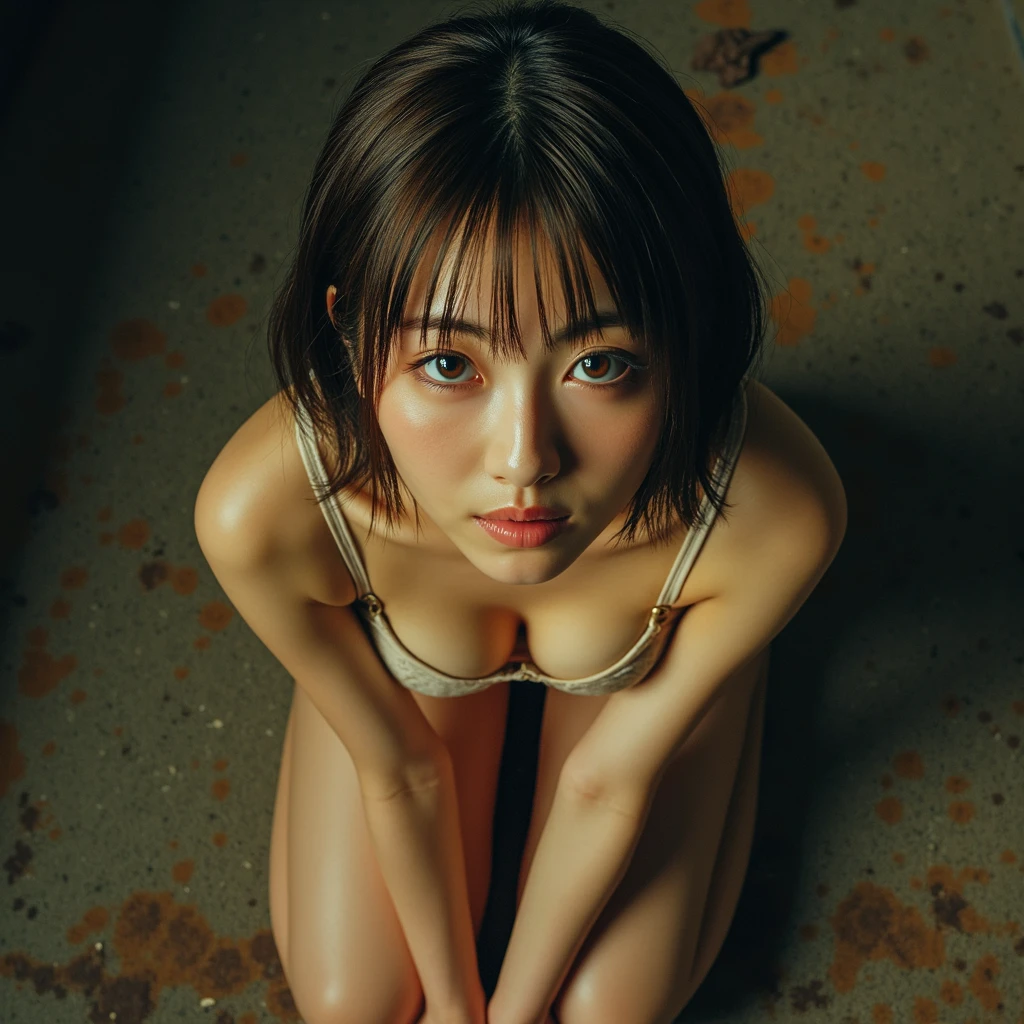 NSFW,full body shot,ribs,hip bone,dynamic angle,looking at the camera,Raise your arms and show your armpits,spread your legs,stand,Restrained to an X-shaped stand,stock pose,1 girl,solo,70 years old,fairly thin body,thin,(Pectoral muscle:1.1), (solid abs:1.5),authentic and detailed face,short hair,dull bangs,flat chest,midriff,very thin waist,My stomach is extremely depressed,Extremely malnourished abdomen,shaved pussy,(completely nude),outdoor,slave