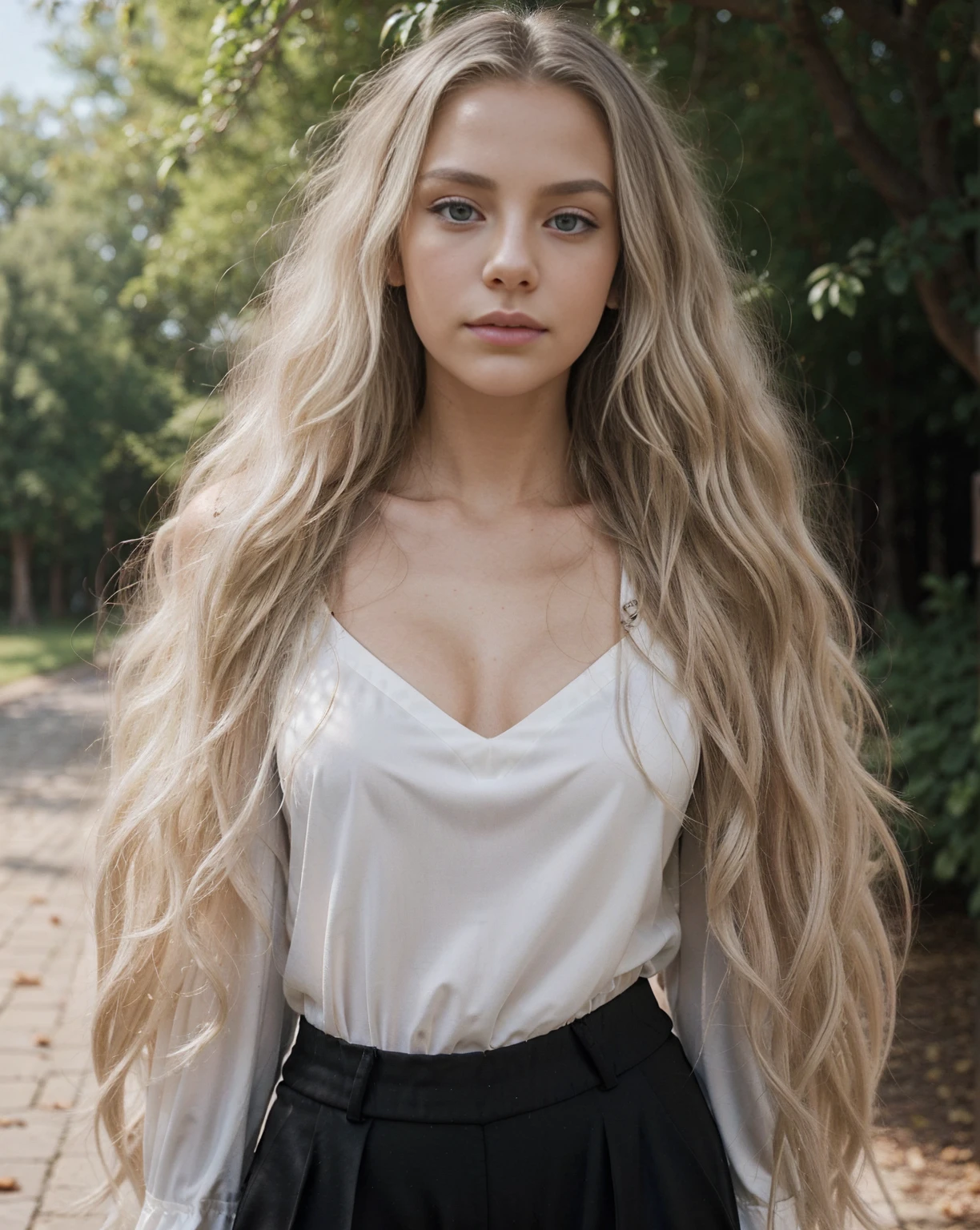 best quality, 1girl, (skindentation), (huge breast:1.2), Swedish female, long blonde hair, blue eyes garden, day, outdoor, (casual yet stylish, elegant cloth, gorgeous, (long hair:1.5), (floating hair:1.2), (dynamic pose:1.2), soft lighting, wind, (front light:1.5), makeup,