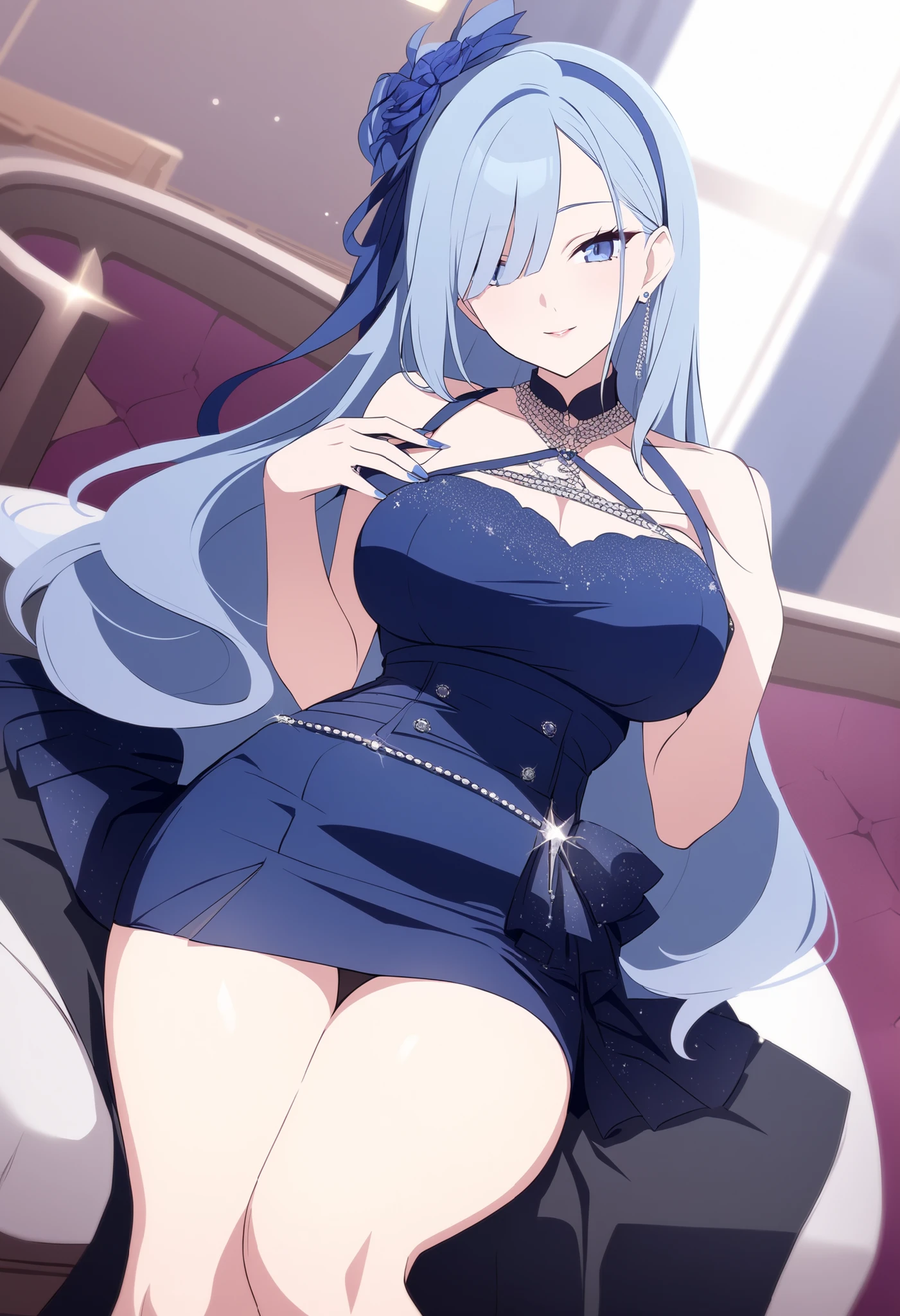 {{masterpiece, extremely detailed, 8K, absurdres, high quality shadowing}}, {{facing viewer}}, best quality, {solo}, {{extremely detailed girl}}, perfect anatomy, perfect anatomy, {{bare shoulders showing}}, {{huge breast}}, {{breast apart}},{tits poking through}} {slim waist}, {slim legs}, {{{{detailed fingers}}}}, {{{detailed tits}}}, {{{detailed legs}}}, {{{seductive thighs}}}, showing}}, {{{{extremely detailed shoulder length dark grey white hair}}}}, {{{luscious curly braided hair}}}, cat ears, {{pink inner cat ear flaps}}, {{{extremely detailed eyes}}}, {{{{sharp white cat eyes iris}}}}, {{{{dark blue eyes}}}}, {{{{vibrant eye colors}}}}, {{{blushing}}}, {{cute shy smile expression}}, night clothes, {{{{extremely detailed dark grey off shoulder jacket}}}}, {{{detailed black long evening dress}}}, {{{detailed lace night gown}}}, {{{detailed dark blue high heels}}}, {{sitting on the bedside next to a window during a starry night}}