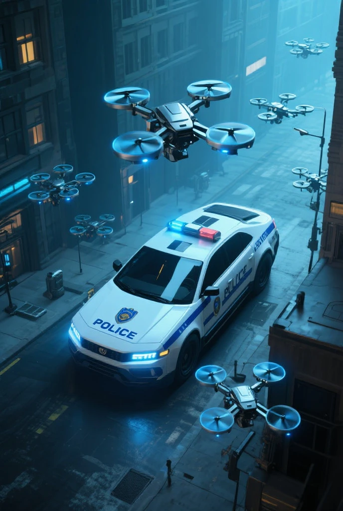 police chase, drone over flying sky, lots of old police cars, action,