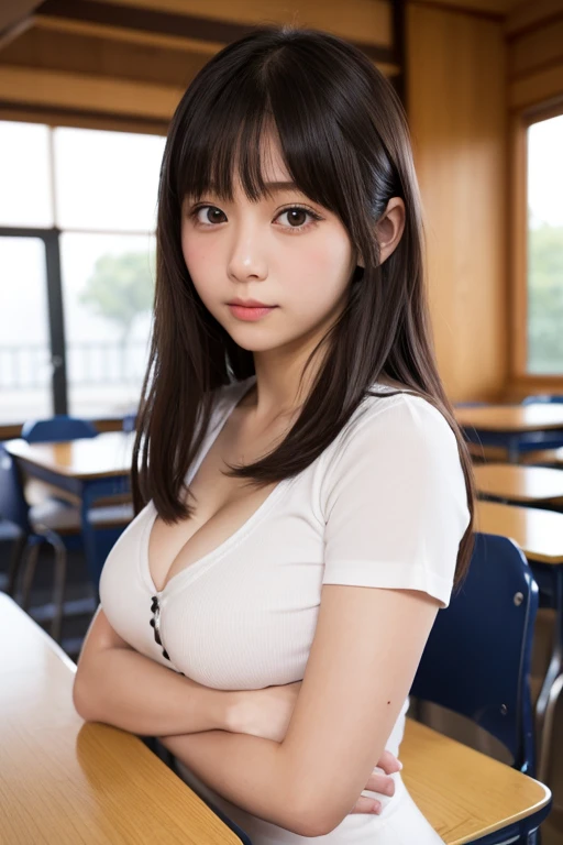 ((I can see the cleavage))、((I can see your breasts))、super highest quality, Japanese、dark makeup、eyeliner、Mr..々hairstyle, girl, 17 years old,、high school classroom、sailor suit、navy blue skirt,Photographed from diagonally above、look up、