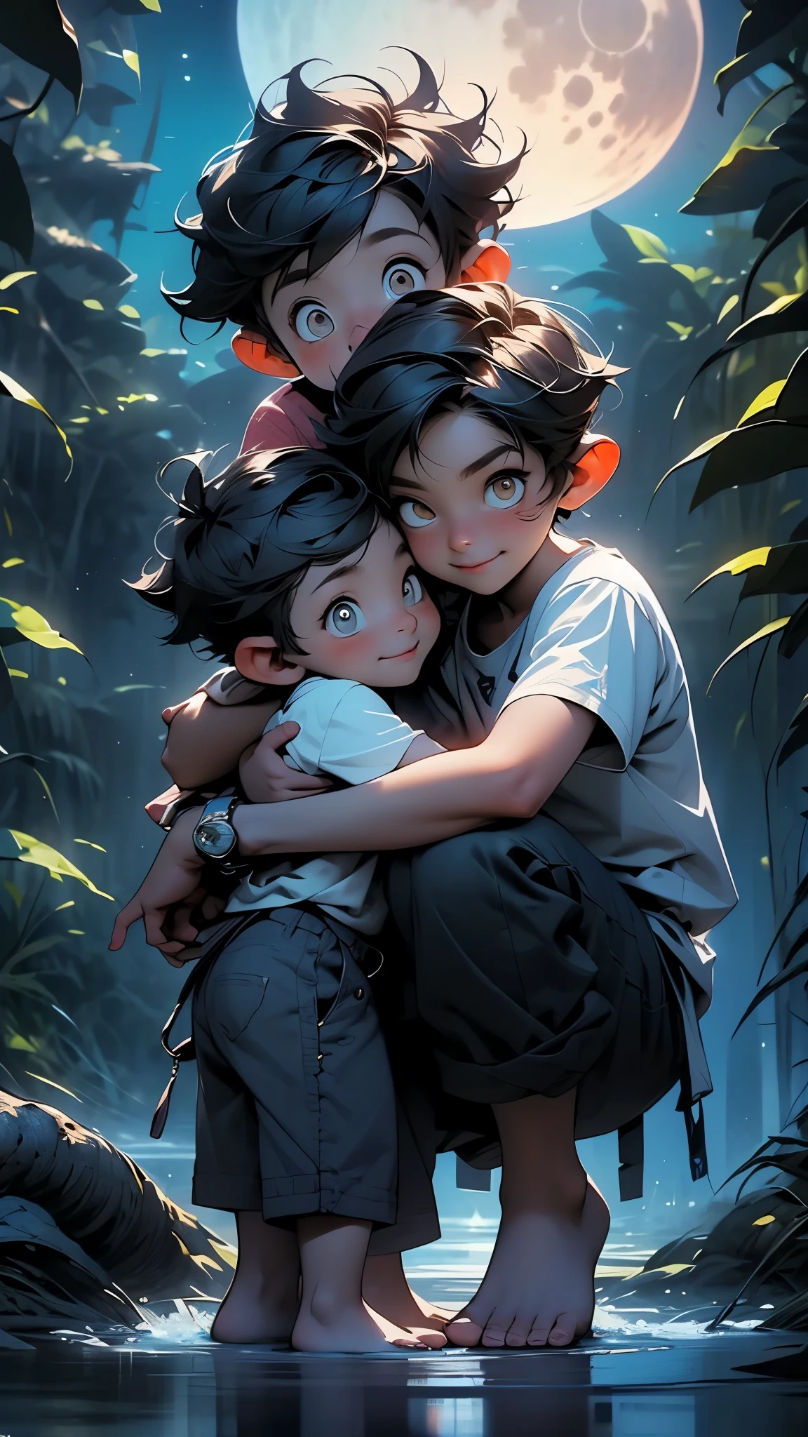 A handsome and adorable eight-year-old boy cuddled with his five-year-old brother (in a forest at night) bristled with fireflies, both with a sweet smile (cartoon style) high image quality and lighting.