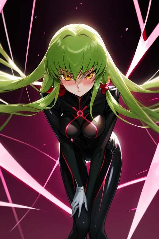 1 girl, alone, c.c., expressionless, frowning, (masterpiece, best quality, ultra detailed, best shadow, volumetric lighting), (beautiful detailed face, beautiful detailed eyes), (best lighting), orange eyes, long hair, green hair, (black bodysuit, zero suit: 1.1), neckline, black and red cape, zero \(code geass\), zero mask, (cowboy photo: 1.3), medium breasts, medium waist, wide hips, wide thighs , round butt, facing the viewer, head on, I focused on the breasts, point of view (from above), mksks style, beautiful background, professional lighting, landscape with warm colors, perfect ???????, perfect hands
