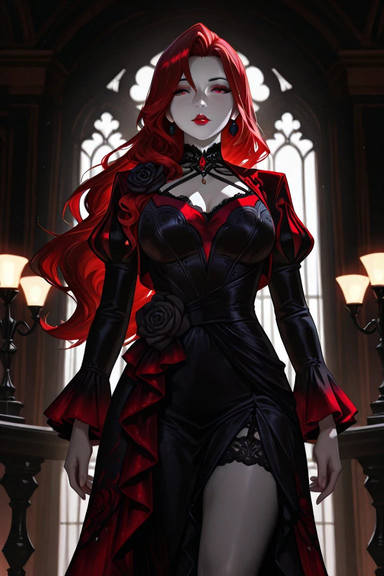 a beautiful girl with a seductive gaze, mischievous smile, gothic style, vibrant colors, red hair,beautiful detailed lips,longeyelashes,dramatic lighting,dark moody atmosphere.,full body,.sex roupas