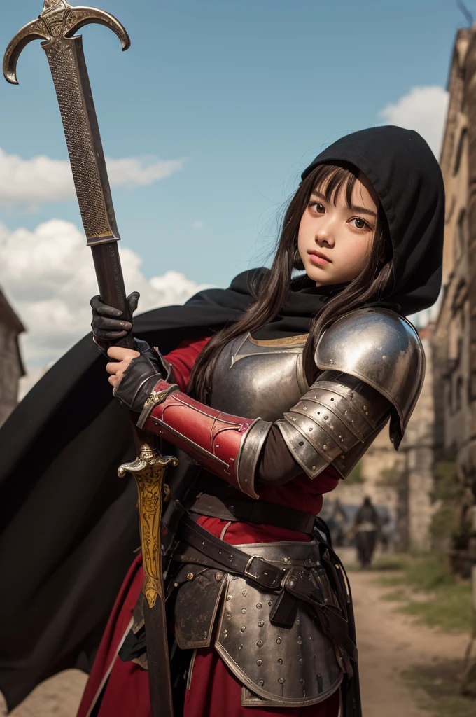 realistic,perfect face,
cute japanese girl,cloak,
(cinematic composition:1.3),dynamic angle,angry,
armor, (holding long sword), aimed at oppenent,looking at viewer,
Petals fluttering in the air,
