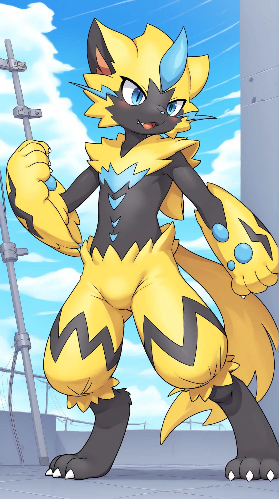 full body, ambient_light, reality_ray_trace, high detail, ray trace, bloom, 8K, super detail alone ,furry_male, fluffy_maleの子, kemono, furry, [[anthro]], front_light fluffy_body, animal_hand, animal_foot, adorable, fluffy closed_smile, orange_Eyes Yellow | black body_fur, cute_maleの子, full_body, look at viewer,((20 meters tall)) ((muscle)) (nsfw) ((under view)) (((( black Boxer Briefs)))) (((Zeraora))), Pokemon, ((bruges)) ,pair of ears, alone, Art by Dagashi, alone , alone ,Single person,octane,Art by Dagashi,half-open eyes, mid journey portrait, Chiseled,seven-headed body, Are standing