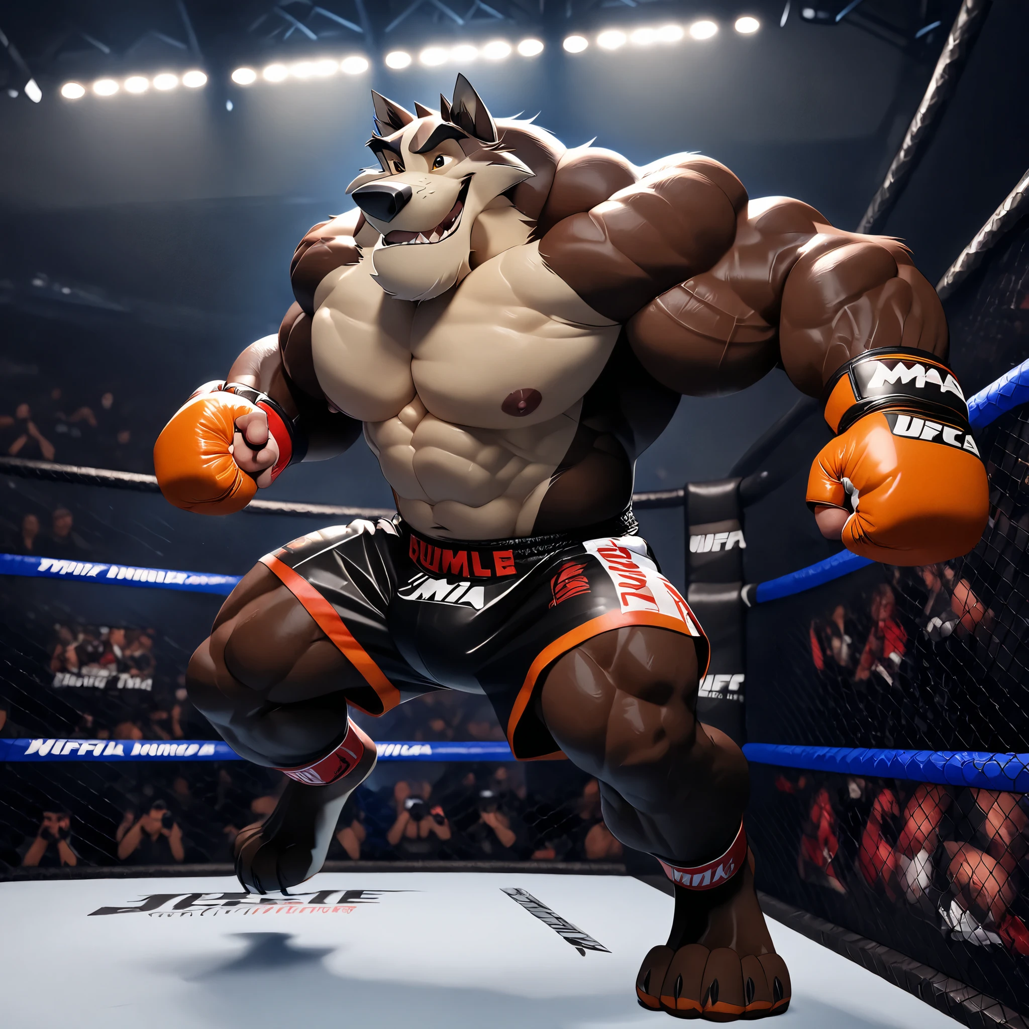 nuk (balto), anthro, solo, MMA UFC Championship, caged ring, jovial smile, thick muscular arms, thick broad pectorals, thick muscle body, wearing black MMA shorts with orange line slits, MMA gloves with orange knuckle pads, 220cm (7’8), 160kg (350lbs), stances, rumble, lights, caged ring background, highly detailed, 8k, masterpiece