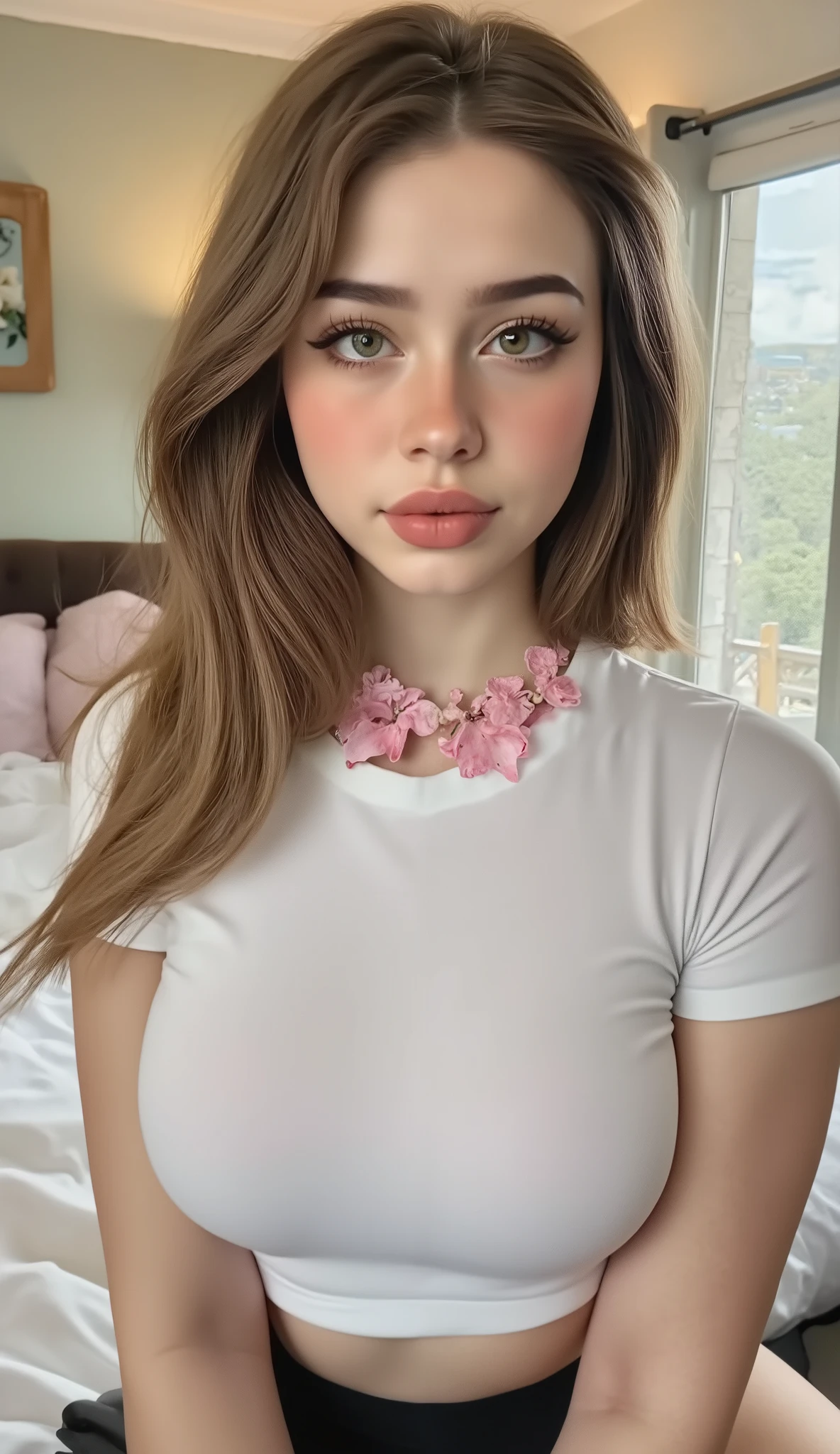 A beautiful woman with fair skin and long, straight light brown hair, dressed in a tight navy blue t-shirt that outlines her hourglass shape and full chest. Her pink floral necklace contrasts gently with the shirt. She stands in a tidy, softly lit bedroom with a calm, balanced energy. Photorealistic, refined and subtle.