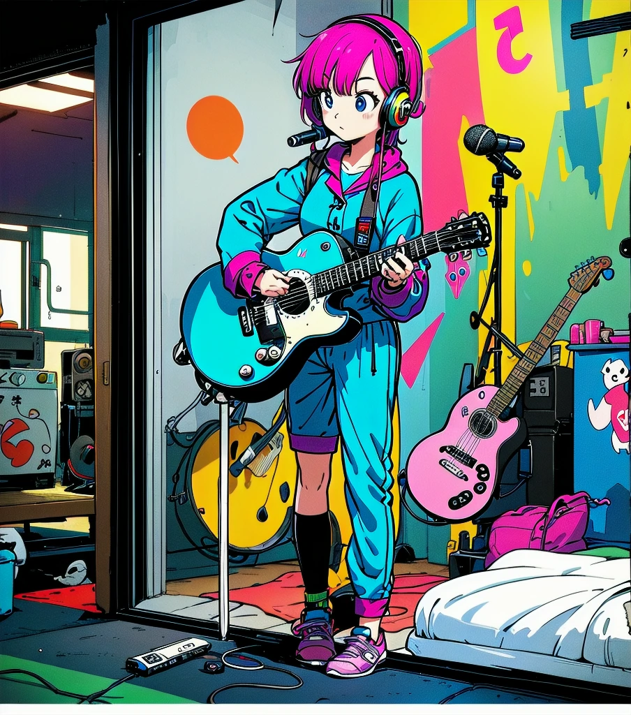 <lora:MisoraHibiki_v1:0.69>, best quality, 4k, digital painting, animation of misorahibiki playing her guitar, virtual reality in background, highly detailed, masterpiece, (detailed eyes:1.2), pink coat, hoody, hooded coat, hooded, pink gloves, long gloves, fingerless gloves, green shorts, mini shorts, blue boots, long boots, guitar, yellow guitar, purple hair, zero_two_101