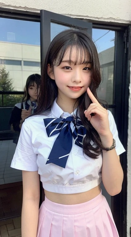 (masutepiece:1.3), (8K, Photorealistic, Raw photo, Best Quality: 1.4), Japanese, (1girl in), Beautiful face, (Realistic face), (Black hair), Beautiful hairstyle, Realistic eyes, Beautiful detailed eyes, (Realistic skin), Beautiful skin, Attractive, 超A high resolution, A hyper-realistic, Highly detailed, Golden ratio,School uniform.)、1girll、cute little、A smile、a closed mouth、Beautiful details、Beautiful nose in every detail、full body Esbian、wetting hair、Colossal Dalsepho、pork meat、student clothes、thighs thighs thighs thighs