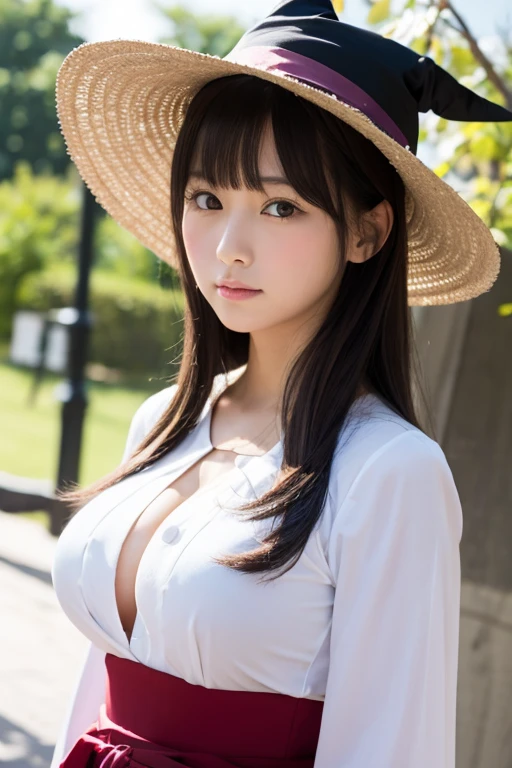 ((最high quality, 8K, masterpiece: 1.3)), (close:0.75), Realistic, Sharp focus, high quality, High resolution, Japanese middle-aged mature woman,Huge Busty Woman、３６Middle-aged woman、Chubby body type、Mature woman with huge breasts （Wearing a white open-necked shirt and a navy business suit)、 ((Very strong sunlight)), smile,Brown hair Sonyoung,かわいいsmile、Sit on a bench in the shade of a forest tree、Cowboy Shot、In an image that emphasizes the chest area