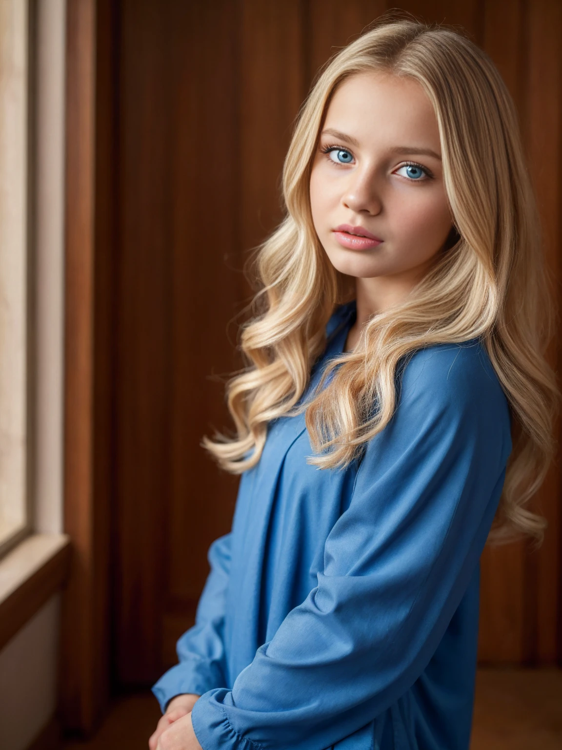 belle blonde lors d'une séance photo professionnelle en studio, (posant avec assurance devant un fond neutre, dressed in an avant-garde fashion outfit, avec un regard intense.), very detailed, 21 ans, visage innocent, natural wavy hair, blue eye, high resolution, head of&#39;artwork, best quality, intricate details, very detailed, sharpness, detailed skin, realistic skin texture, texture, detailed eyes, professionnel, 4K, charming smile, shot with Canon, 85mm, shallow depth of field, Kodak Vision Color, corps parfaitement ajusté, extremely detailed, Photo_\(ultra\), photorealistic, realistic, Post-traitement, Maximum details, roughness, real life, ultra realistic, photorealism, la photographie, 8k uh, la photographie
