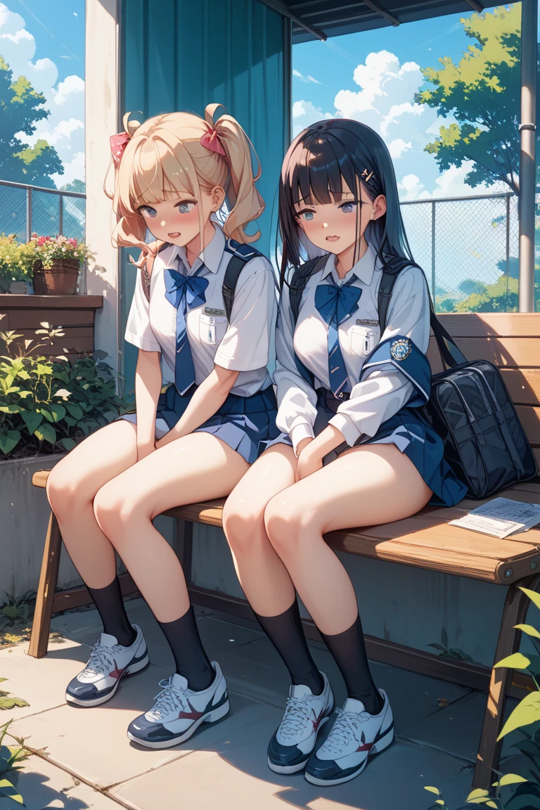 Two beautiful 15 year old Japanese schoolgirls squatting, Her white panties are visible, My pants are wet with pee, Horny Face (Browsing Caution:1.2)
