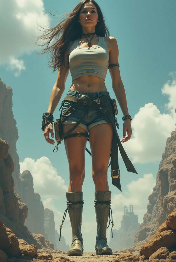 an attractive female bounty hunter standing in a fantasy wilderness (alientv style:1) <lora:djzAlienTV_LB2:0.8>