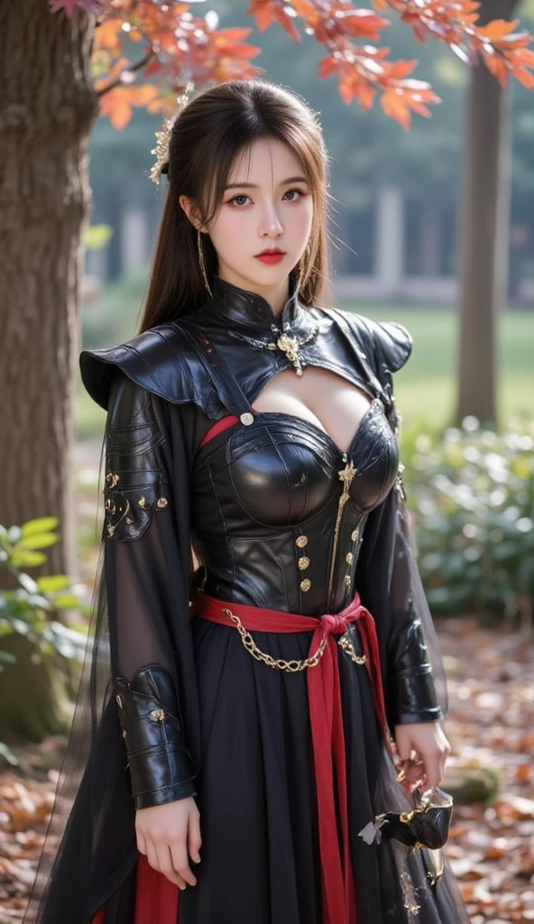 Highest quality,masterpiece,Ultra-high resolution,(Realistic:1.4),Xiuxian,arms,Detailed face,, One girl,alone,Holding a sword,Cleavage,(magic circle:1.2),Xiuxian,Upper Body,beautiful girl,whole body,east asian architecture,sheath,architecture,Warrior clothing made from leather