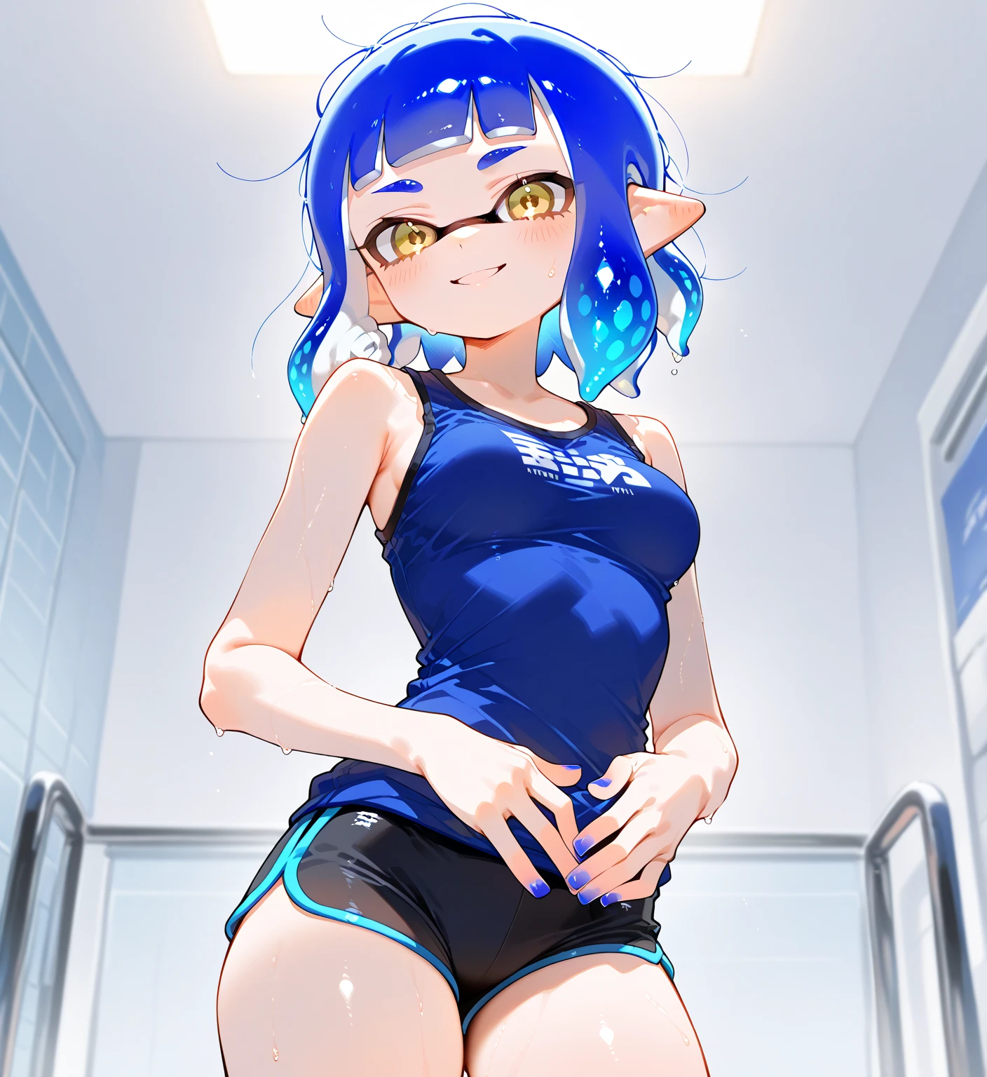 1girl, solo, looking at viewer, blush, short hair, open mouth, bangs, blue eyes, bare shoulders, blue hair, standing, swimsuit, ass, thighs, cowboy shot, horns, looking back, indoors, blunt bangs, from behind, :o, one-piece swimsuit, bare arms, school swimsuit, demon horns, desk, blue one-piece swimsuit, classroom, school desk, chalkboard (:1.5), (toddler:1.5). 
