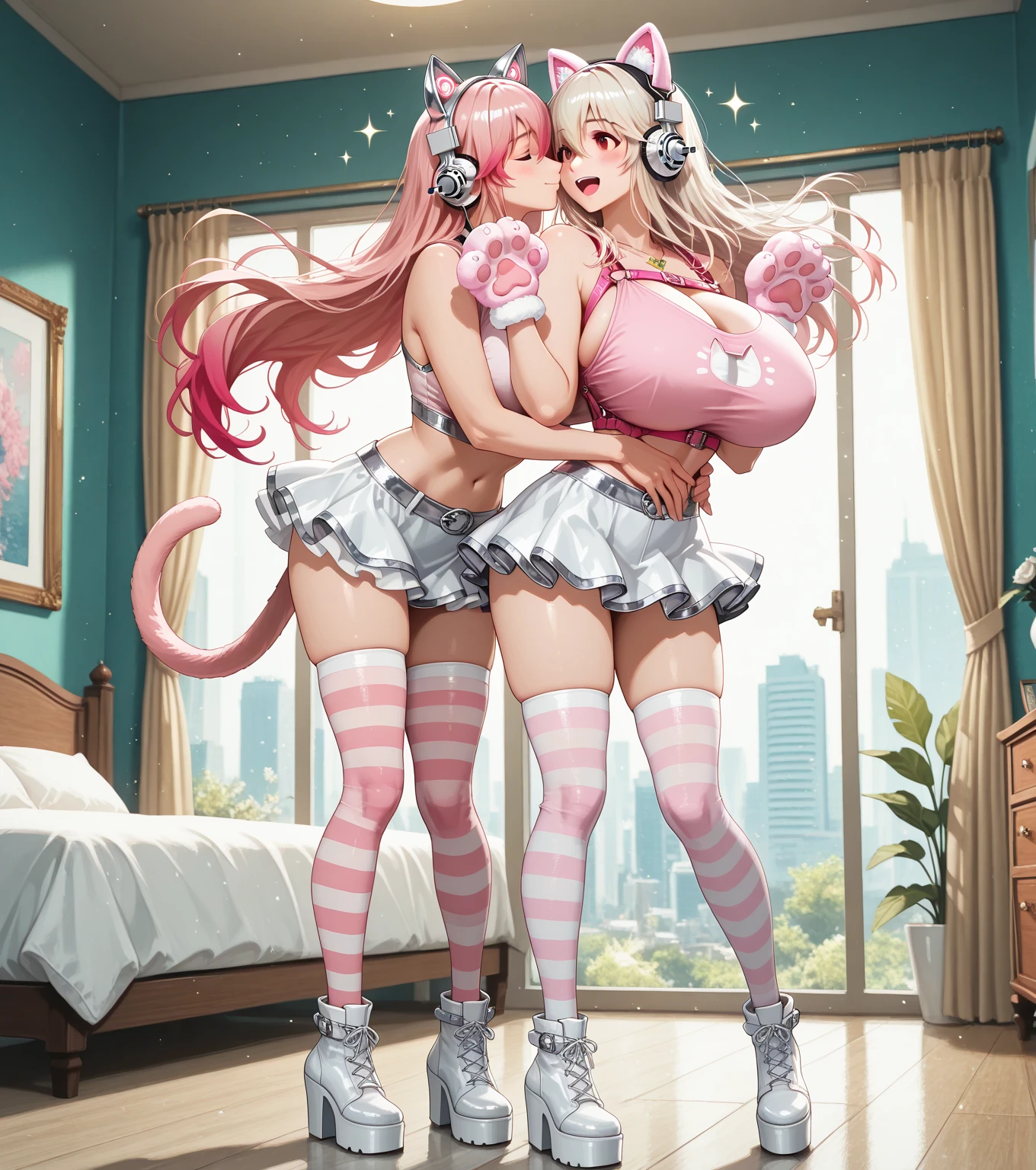 ((2 girls), solo, clevage, Big round breasts, trendy, stylish, clevage, thighs, hips, realistic, pink hair, blonde hair, light green eyes, lip gloss, detailed face, amazing big eyes, eye details, big lips, eyebrow details, blush, naughty, mischevious face, HD, good quality, kitchen, lolipop, licking lolipop, tongue, pink, bikini, indoors