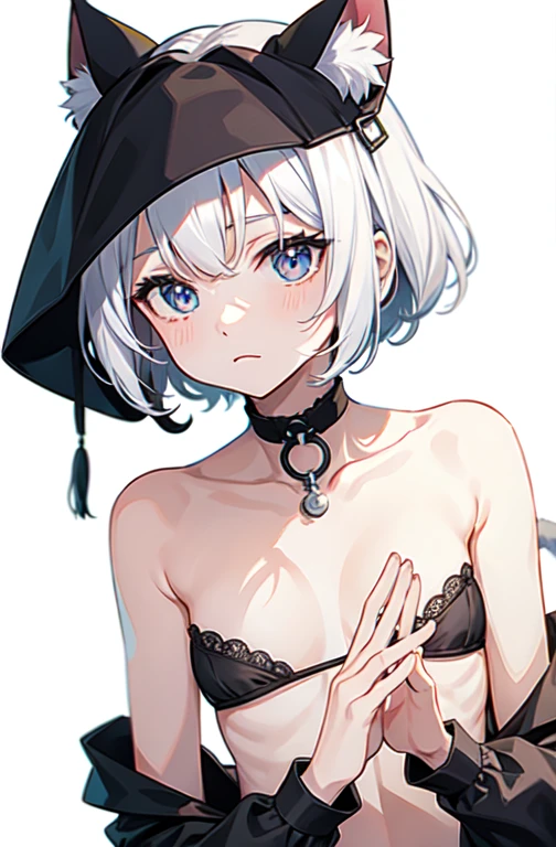 best quality, masterpiece, 1 girl, (silhouette lighting:1.3), smile, contrapposto, prinz eugen, (head shot, upper body:1.5), ultra detailed face, ash blonde low twintails hair with bangs, hourglass figure, oily skin, black big witch hat, black bikini, cloak and glove, (small breast, underboob:1.2), her sweating a lot, (graveyard at night:1.3)