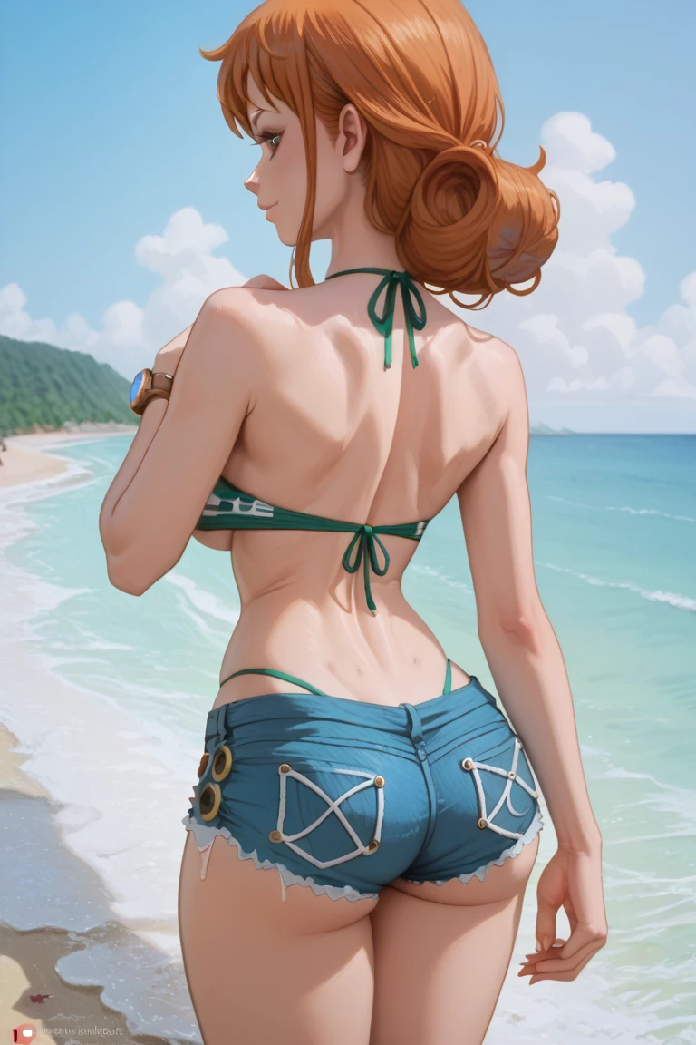 Masterpiece, best quality, from side,Kousaka honoka, blue eyes, (orange hair:0.8), white head band,sad, strapless ,Camouflage paint leotard, (exposed ass cheeks:1.2), big breasts , looking back , desert , sweating 