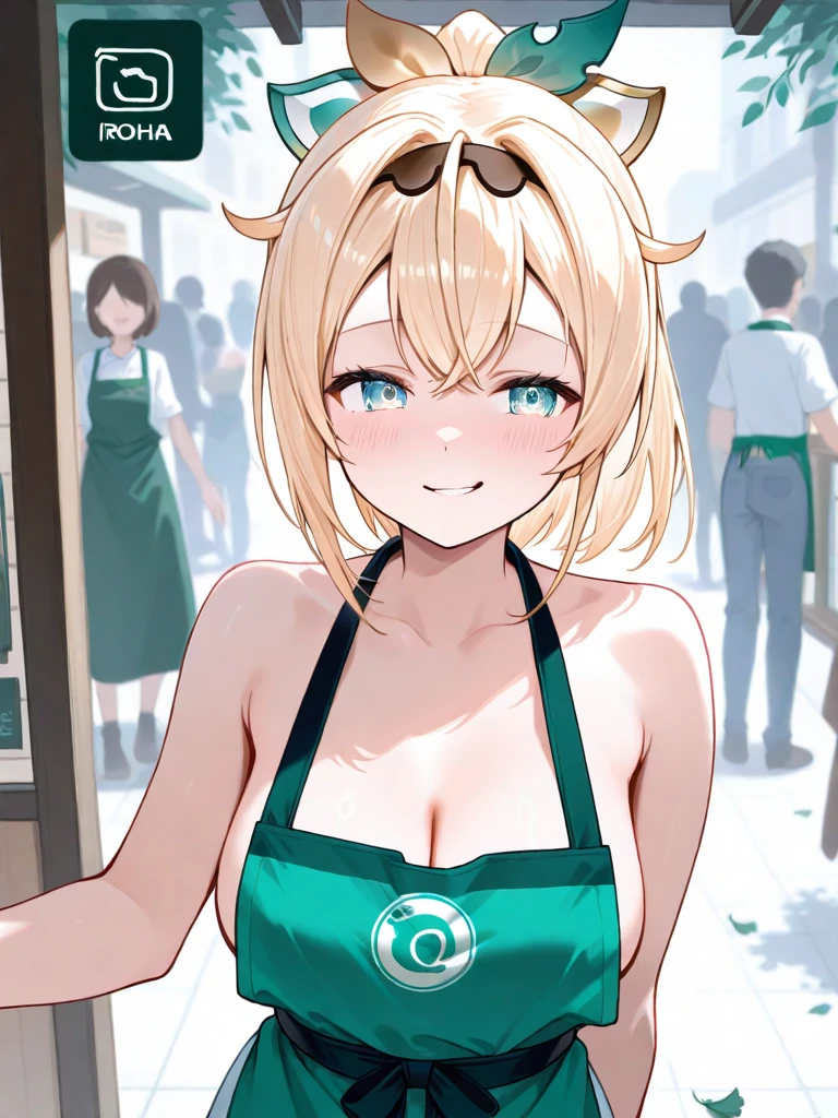 1girl, Genshin Impact, Nahida \(Genshin Impact\), Loli, green eyes, white hair, side ponytail, crucial++, leaf hair ornament, smile, small breasts, naked, in Tokyo \(city\), signage bus station, Selfie,