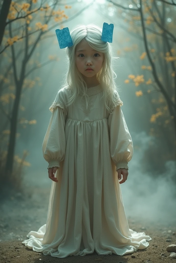 Anime, white hair, long hair, gray silver white eyes, barefoot, white shirt, plain Gown, in a Haunted house horror, loli, kid, child, petite body, horror cinematic, :<, scared, running with a monster behind the girl