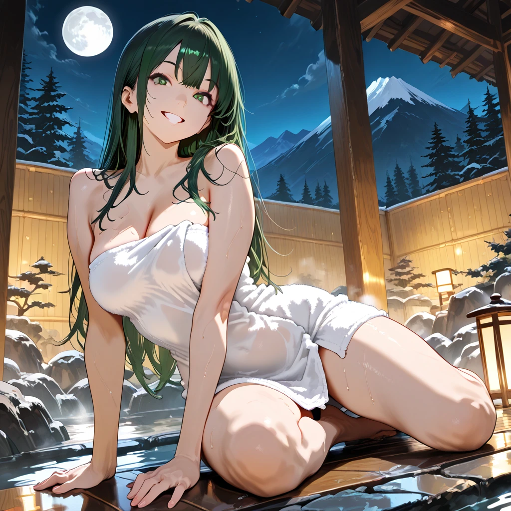 (masterpiece, best quality, high resolution), 1girl, ((curly frizzy hair)), light green hair, yellow eyes, solo, sweat, nipples, pussy, spread pussy, standing, bad-girl, ((mature female)), beautiful body, beautiful nose, beautiful character design, perfect eyes, perfect face, alluring, wallpaper, perfect lighting, colorful, ultra highres, photography, 8K, HDR, (shiny skin), navel, (anime), looking at viewer, onsen
