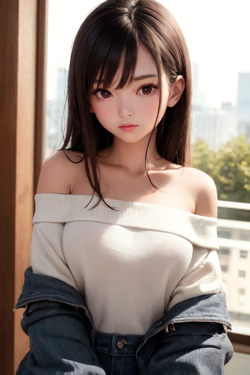 (Top Quality, Masterpiece: 1.1), (Real: 1.4), BREAK (((FF7))) (((Tifa))),solo,1girl,((Light Brown Hair, Large breasts: 1.2)),(bedroom), (sitting on bed), BREAK (off shoulder wnit,Denim Ripped Shorts),(No Bra) (Small and beautiful hard nipple), clothed,(shiny oiled skin: 1.4), about 18 years old,