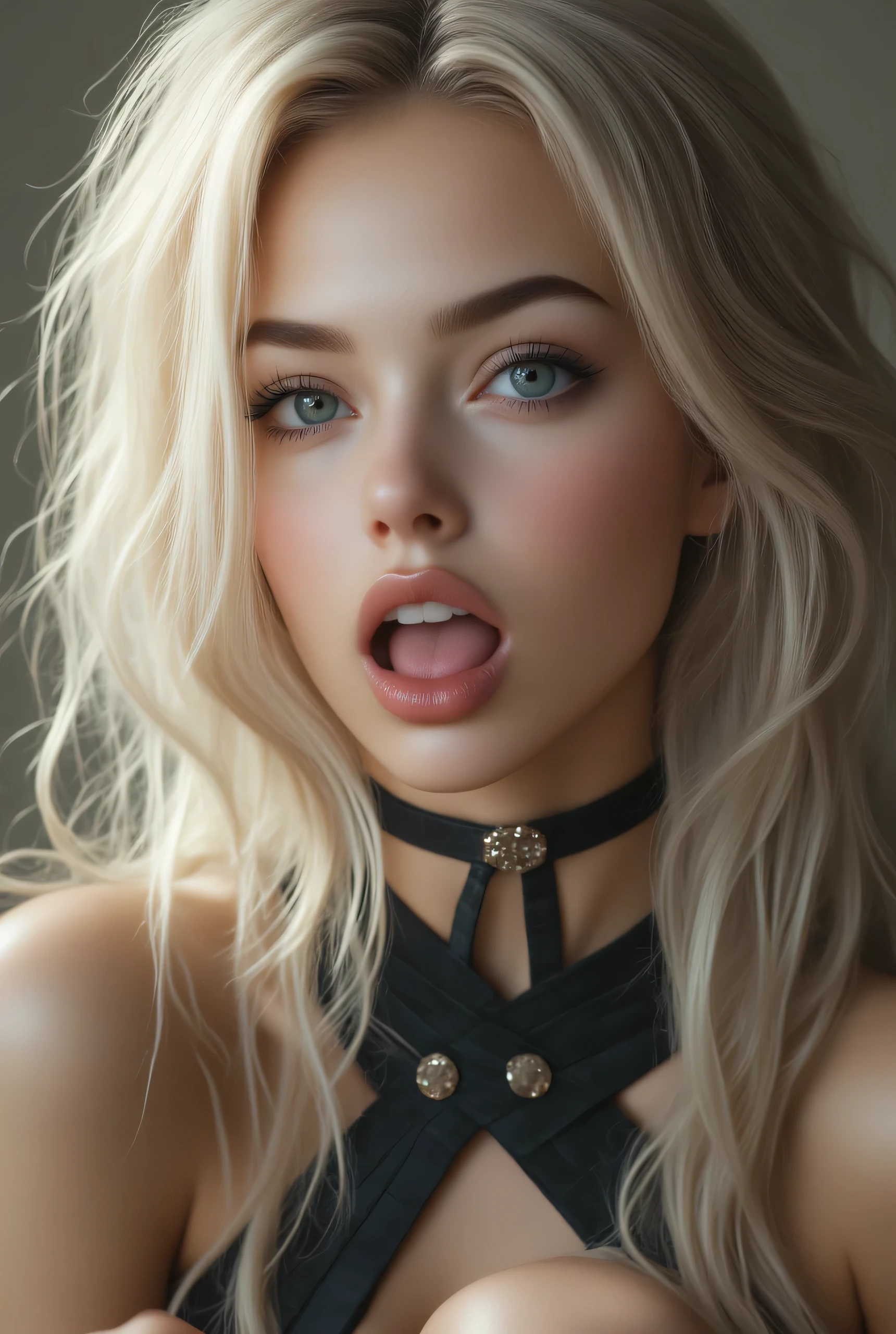 Comic sex art. Score_9, score_8_up, score_7_up, ((highest quality)), ((masterpiece)), Perfect Face, (High definition), (Best Shadow), 8k, cinematic, (Realistic:1.4),dramatic. Luis Royo's style, 1girl,(best quality,4k,8k,highres,masterpiece:1.2),ultra-detailed,(realistic,photorealistic,photo-realistic:1.37),18 year old girl,beautiful detailed blue eyes,beautiful detailed lips,extremely detailed face and eyes,long eyelashes, black neck-split sleeveless bandage dress, thick thighs,medium breasts,contempt expression,prideful smirk,looking directly at viewer,sensual pose,warm studio lighting