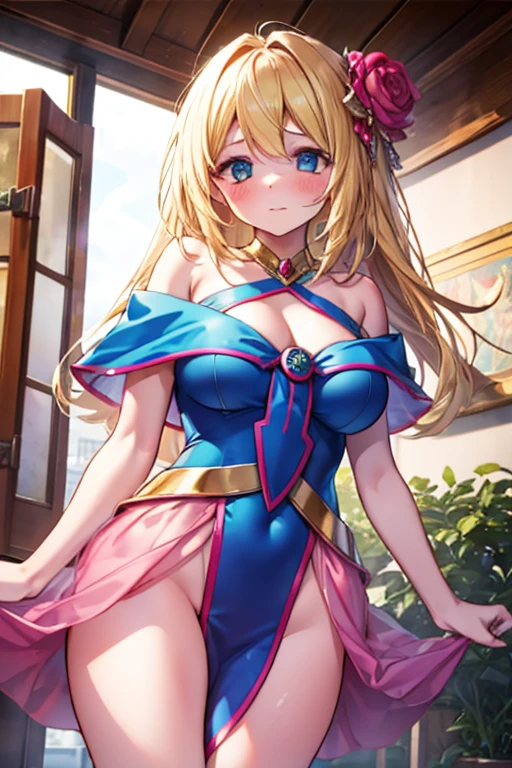 Highest quality, masterpiece, 4K, Highly detailed face, Highly detailed skin, Highly detailed wallpaper, Japanese anime, Second Dimension, Small face, Big Breasts, Normal body, Accurate body, Fine skin, Very beautiful cleavage, NSFW, whole body, One girl, Embarrassed face, On the bed, Blonde, Yu-Gi-Oh, Black Magician Girl, Sweaty, Cosplay, , mini skirt, From the back