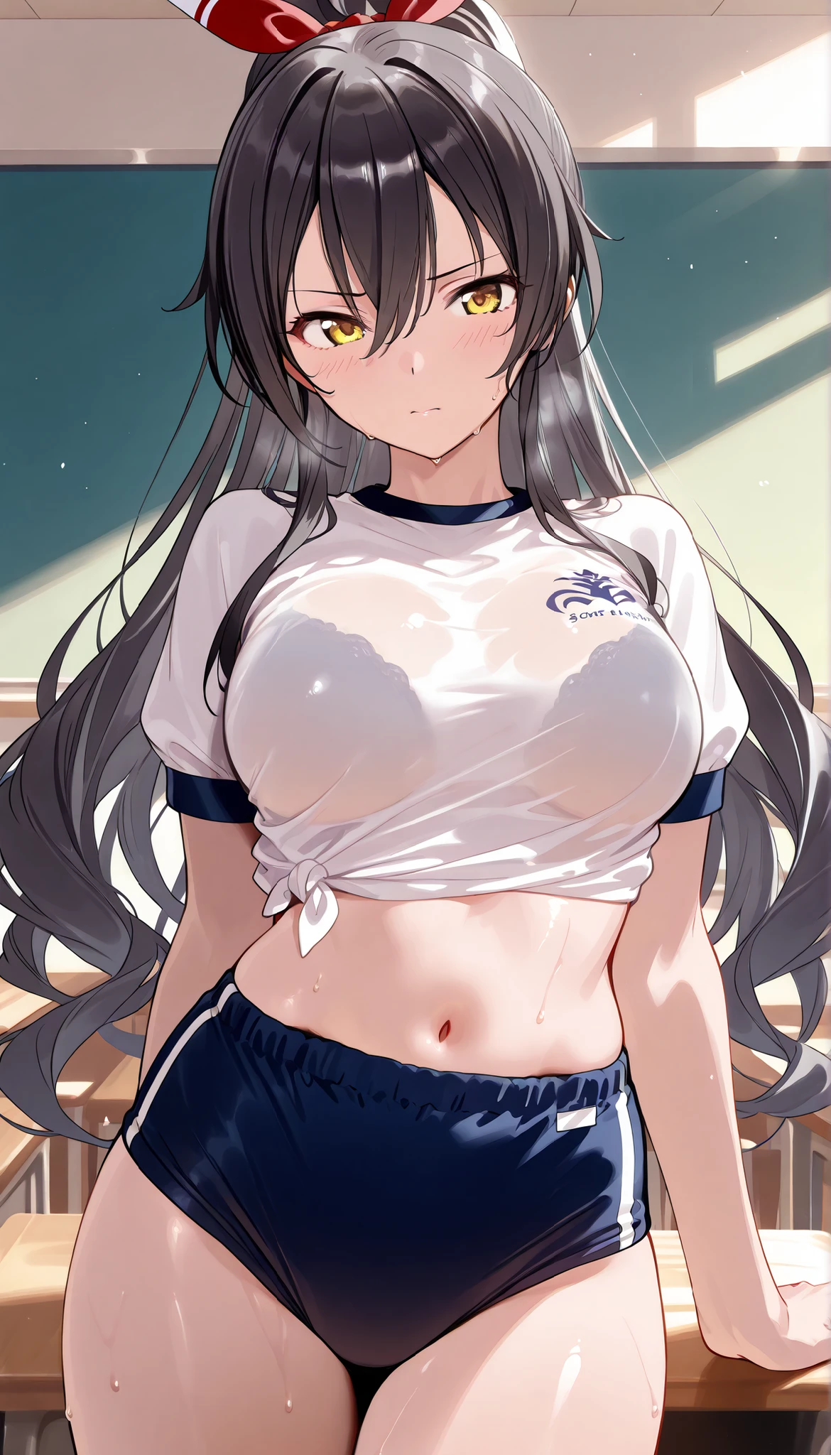 masterpiece, score_9, score_8_up, score_7_up, anime, pinup, masterpiece, full twinkle, perfect face, best quality, high resolution, srssky, very long hair, black hair, high ponytail, bangs, hair between eyes, yellow eyes, large breasts,, standing, navel, buruma, navy buruma, classroom, sweat, arm behind ass, large breasts
