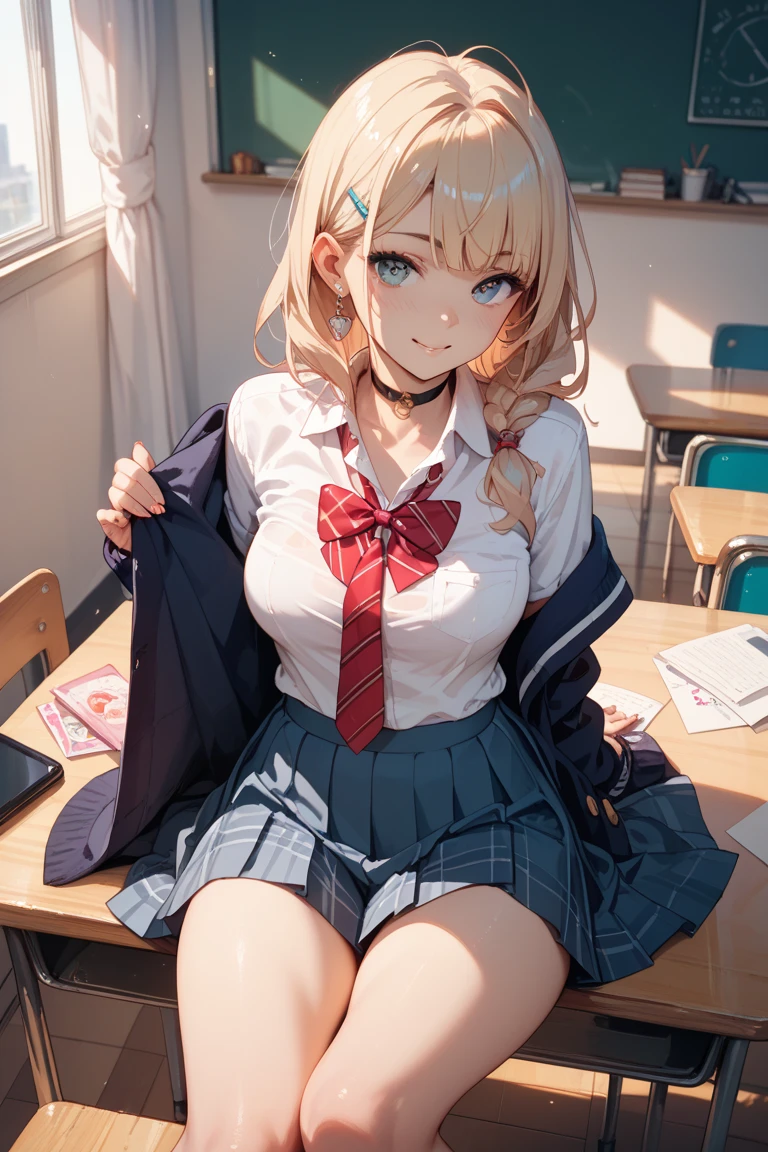(masterpiece、Highest quality、Very detailed))、One girl、gyaru、Blonde、short hair、Grey Eyes、evil smile、((Grin))、((lots of piercing))、Large Breasts、((A bow tie))、((cardigan))、((Black pleated skirt))、((micro miniskirt))、((white buggysocks))、loafers、Sit at a desk、Shoot from above、Classroom Background
