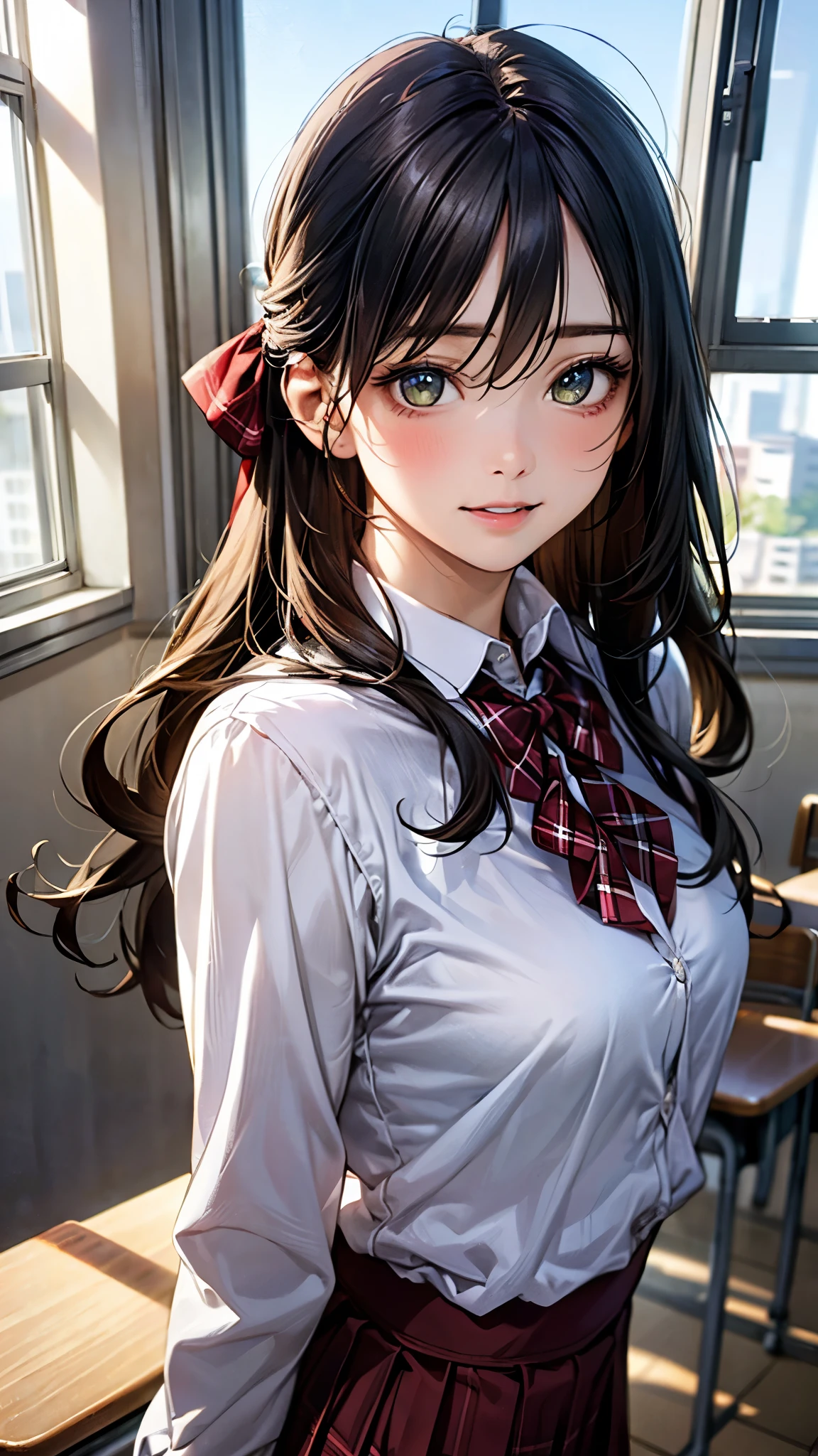 (masterpiece:1.3, top-quality, ultra high res, ultra detailed), (realistic, photorealistic:1.4), beautiful illustration, perfect lighting, natural lighting, colorful, depth of fields, surrealism,
beautiful detailed hair, beautiful detailed face, beautiful detailed eyes, beautiful clavicle, beautiful body, beautiful chest, beautiful thigh, beautiful legs, beautiful fingers,
looking at viewer, 1 girl, japanese, high school girl, (perfect anatomy, anatomically correct), cute and symmetrical face, babyface, perfect face, perfect eyes, shiny skin, slender,
(long hair:1.7, wavy hair:0.8, brown hair), antenna hair, hair between eyes, emerald green eyes, long eye lasher, (large breasts:0.8, seductive thighs),
(((blue gray long sleeve blazer), light gray vest , light gray box pleated skirt, red bow tie)),
(beautiful scenery), summer, evening, (school), waving right hand, (lovely smile, upper eyes),